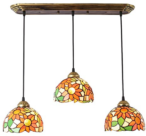 BOTOWI Sonnenblumen-Hängelampe im Tiffany-Stil mit 8-Zoll-Lampenschirm aus Buntglas,Europäische Vintage Kücheninsel-Leuchten Pastorale Deckenleuchte für Wohnkultur Esszimmer Café Bar,3lightsa