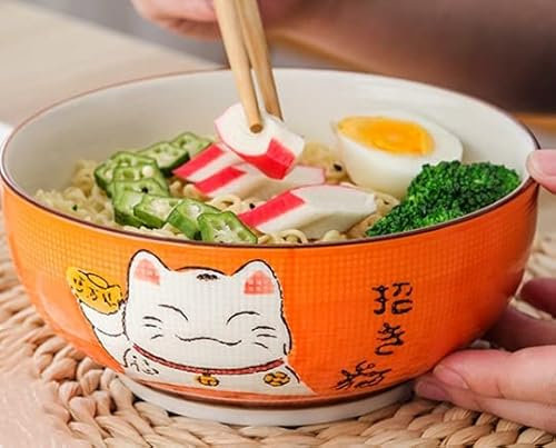YAHU Multi-size Japanese Lucky Cat Round Ceramic Bowl Restaurant Household Bone China Salad Bowl Noodle Soup Bowl Tableware