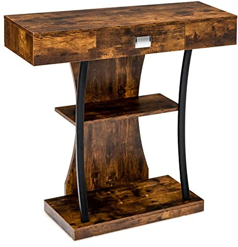 COSTWAY Table de Console Industrielle à 3 Étagères avec Tiroir, Meuble d'Entrée Vintage avec Dispositif Anti-Renversement pour Salon, Couloir, Entrée, Rustique Marron, 91 x 30 x 88cm (Marron Rustique)