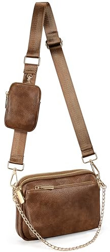UTO Sac à Main porté épaule Femme 3 en 1 Polyvalent Pochette avec bandoulière en chaîne d'argent PU Cuir Brun