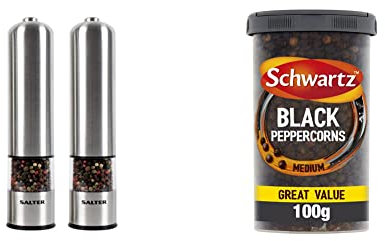 Salter 7722 SSTURA Electric Salt and Pepper Grinder Set, Electronic Spice Mills & Schwartz Medium Black Peppercorn Drum 100 G | Mild Heat, Spicy Kick and Hot Biting Flavour