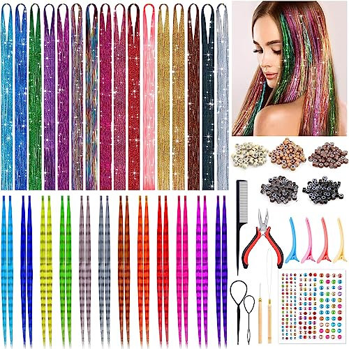 ROADPLUM Hair Tinsel Kit with Tools, 16 Colors 3200 Strands Tinsel Hair & 12 Colors Hair Feathers, Heat Resistant Shiny Fairy Hair Tinsel Extensions for Women Girls Hair Accessories for Cosplay Party