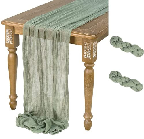 UIYIHIF 90 x 400 cm weißer Seihtuch-Tischläufer, lang, rustikaler Gaze-Tischläufer, romantischer, halbtransparenter Stoff, für Boho-Hochzeit, Geburtstagsparty, Salbeigrün, 2 Stück, 35x157in
