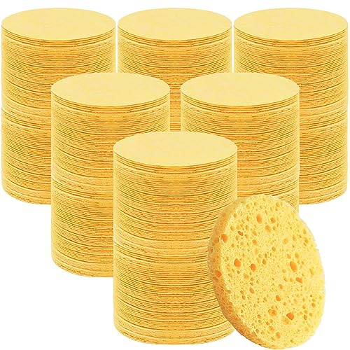 Beieverluck 300 Count Compressed Facial Sponges for Cleansing Natural Cellulose Disposable Face Sponge Spa Sponge for Face Cleansing Exfoliating Makeup or Mask Removal, Yellow