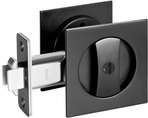 Aesytava Black Pocket Door Hardware, 2 3/8 Backset, Zinc Alloy Heavy Duty Square Matte Black Pocket Door Lock, Solid Sliding Pocket Door Handle(1 Pack)