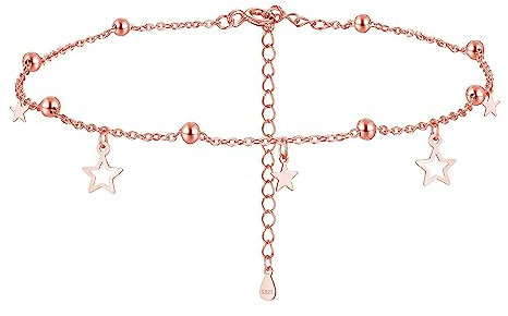 Josfeva Silber Fußketten für Damen, 925 Sterling Silber Fußkettchen Armband, Verstellbar Sommer Barfuß Strand Fußkette Damen Rose Gold mit Sterne Anhänger, Fußspange Fußschmuck am Fußgelenk für Frau