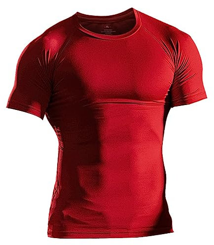 Herren Fest Kompression Grundschicht Kurzarm T-Shirt Bodybuilding Tops Polyester und Spandex Rot M