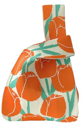 Anopo Damen Geknotete Gewebte Tasche Klein Gehäkelt Handtaschen Niedlich Ästhetisch Blume Portemonnaie Handgelenk Tasche Gestrickt Mode Tragetasche Tulpen Orange