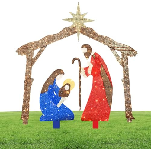 FOUNCY Weihnachtskrippe Outdoor - 2D Weihnachtskrippe Set Metall für - Montage Outdoor Krippen-Sets mit Licht, Heilige Familie für Garten