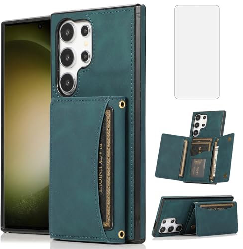 Asuwish Handyhülle für Samsung Galaxy S24 Ultra 5G Hülle mit Glas Folie Schutzfolie Kartenfach Klappbar Leder Geldbörse Ständer S24Ultra 24S S 24 24Ultra Handy Hüllen Schutzhülle Cover Phone Case Blau