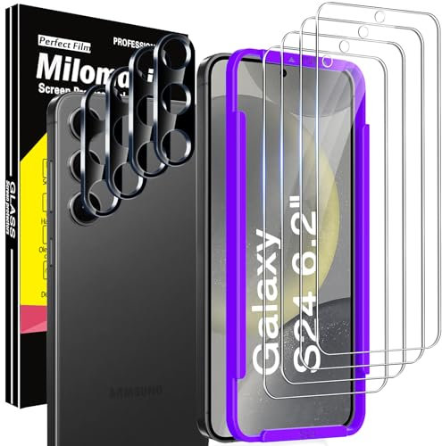 Milomdoi 4 Piezas Protector de Pantalla para Samsung Galaxy S24 5G Cristal Templado Accesorios con 4 Piezas Protector de Lente de Cámara Funda Case Carcasa Amistoso Ultra HD, Claro