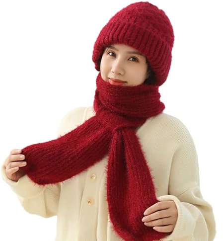 Geagodelia Damen Kapuzenschal Mützenschal Winter Mütze und Schal Set Integrierter Gehörschutz Winddichte Mütze Schal Weiche Warme Winterschal Wintermütze 2 in 1 (Rot)