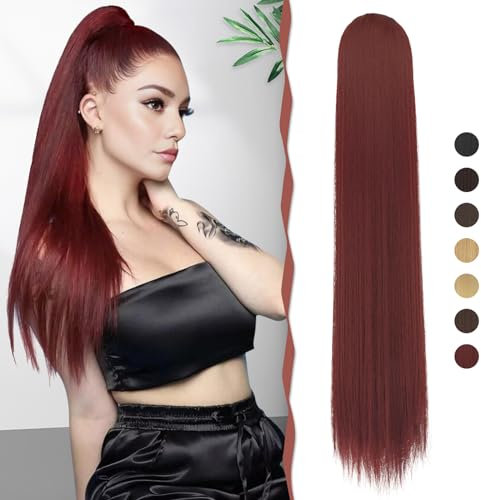 Sofeiyan Pferdeschwanz Haarteil Haarverlängerung mit Kordelzug 70cm Langer Gerade Zopf Pferdeschwanz Natürlicher Weicher Haarverlängerung Synthetische Ponytail Extension für Frauen, Burgunderrot