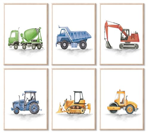 uniro UN-Car 01-6 Stück Bau-Trucks, Raumdekoration für Jungen, Aquarell-Cartoon-LKW-Wandkunstdrucke, bunte Bau, Schlafzimmer, Dekoration, Bau, Kinderzimmer, Dekoration, Leinwanddrucke, LKW-Fahrzeuge