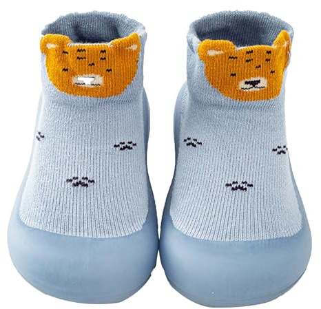 Baby flickor pojkar halkfria tofflor för första gången skor barfotaskor småbarn spädbarn halkfri sula sko, Blå tiger, 12-18 Månader