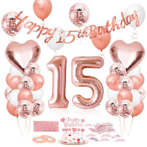 Luftballon 15. Geburtstag Roségold, Geburtstagsdeko 15 Jahr, Ballon 15. Geburtstag, Riesen Folienballon Zahl 15, Happy Birthday Folienballon 15, Ballon 15 Deko zum Geburtstag Frauen