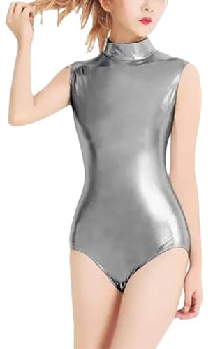 Tanzanzug für Damen, silberfarben, glänzend, hoher Halsausschnitt, ärmellos, Spandex, Gymnastikanzug, gray9, 46