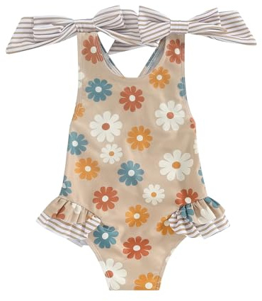 Maillot de Bain Bébé Fille Anti-UV Combinaison de Natation à Volants Manches Longues Imprimé Arc-en-Ciel pour Piscine Plage Sport Vacances Swimwear (Kaki Rayé, 3-4 Years)