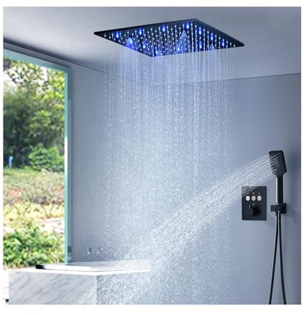 Duschsystem mit Thermostat Schwarz, LED Unterputz Duscharmatur Set Duscharmatur Komplettset Messing Dusche Regendusche Set Duschgarnitur mit 40cm Regendusche, 3 Modi Handbrause