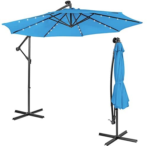 COSTWAY 3M Garden Cantilever Parasol, Outdoor Offset Banana Hanging Umbrella with 32/40 Solar-Powered LED Lights and Tilted Design, Sun Shade Canopy for Poolside, Deck & Patio (Blue)
