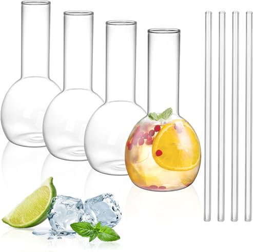 Acshio 4 Pack Creative Cocktail Glasses, 15 Oz Tube Shaped Martini Glass with Straws, Unique Clear Fancy Drinking Wine Glasses for Mixed Drinks, Champagne, Bar, Party, Home Decor