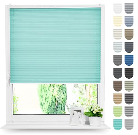 Tom'Shop Plissee Klemmfix ohne Bohren NELA Türkis B110cm x H100cm | Sonnenschutz Jalousie Lichtdurchlässig und Blickdicht für Fenster & Tür