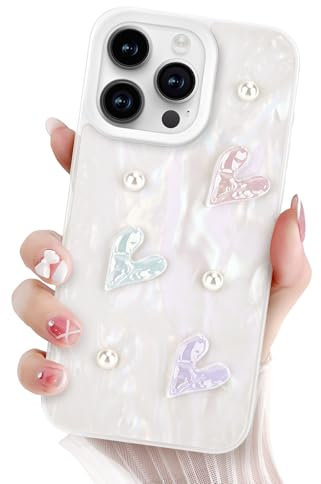 Newseego Compatible for iPhone 15 Pro Max Case, Cute 3D Glitter Love Heart Pearl Design Shell Pattern Phone Case for Women Girls Hard PC Shockproof Protective Bumper Cover for iPhone 15 Pro Max