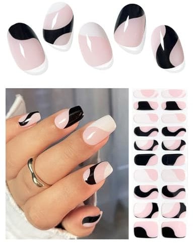 AutyaMee Semi Cured Gel Nail Strips (French Line Art), 20 Pcs Gel Nail Wraps, Stickers, UV Light Required, Salon Quality, Long Lasting