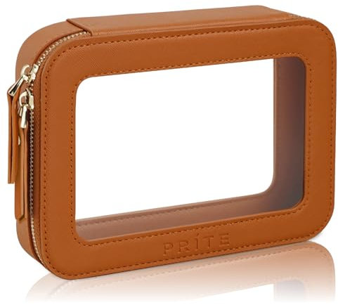 Prite Transparent Kosmetiktasche Durchsichtig Kulturtasche Damen Make Up Tasche Reise wasserdichte Kulturbeutel Auto Organizer mit Goldenem Doppelreißverschlüss (Braun)