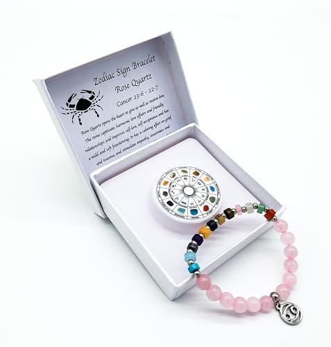 Sternzeichen Edelstein Armband in Geschenkbox | Schutz Glück Liebe Energie (Krebs Rosenquarz, 18 cm)