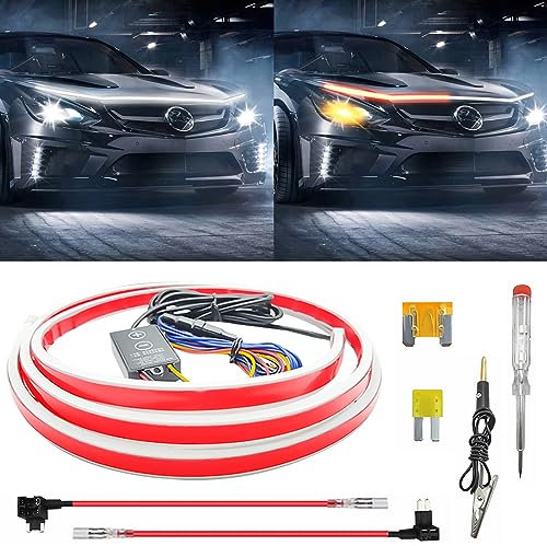 Universal Auto Tagfahrlicht, Auto Motorhaube Lichtstreifen Wasserdichtes 2-farbiges Licht Flexible Waterproof Auto Streifen Licht Dynamic Scan Start Up Kit Auto Motorhaube Lichtstreifen (Gelb, 240cm)