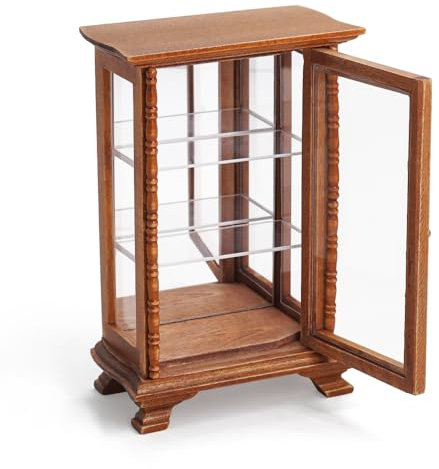 Odoria Dollhouse Display Cabinet Miniature: 1/12 Scale Mirrored Storage for Vintage Living Room - Mini Brown Curio Cabinets - Tiny Wood Furniture