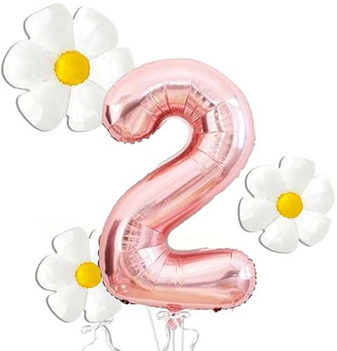 Gänseblümchen Folienballons, 4pcs Geburtstagsdeko Gänseblümchen, Gänseblümchen Ballon 2, Ballons 2. Geburtstag Blumen, Blumen Ballon, für 2-Jährige Mädchengeburtstage, Babypartys