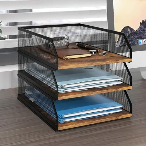 PUNCIA 3-Tier Stackable Paper Tray, Metal Mesh Desktop Organizer, Wood Board Paper Sorter, Letter Trays,File Document Storage Rack for for Home, Office, School (Retro)