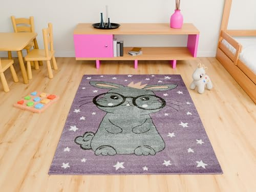 AKCILA Lima Kinderteppich Hase Lila 160x230 cm Kinderzimmer Teppich, Spielteppich Kinder, Babyzimmer Tepich, Teppich Schlafzimmer,Teppiche Gegend, Kids Carpet,Kurzflorteppiche für Mädchen, Jungen