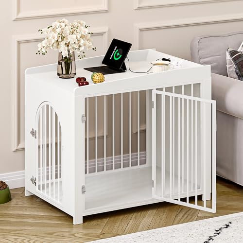 Hzuaneri Hundekäfig Möbel Beistelltisch, Hundebox mit USB-Anschluss und Steckdose, 2 Türen, Bogentür, Moderne Hundebox Indoor für mittlere/kleine Hunde, Hundekäfig für Zuhause, 90 x 63 x 79 cm, Weiß