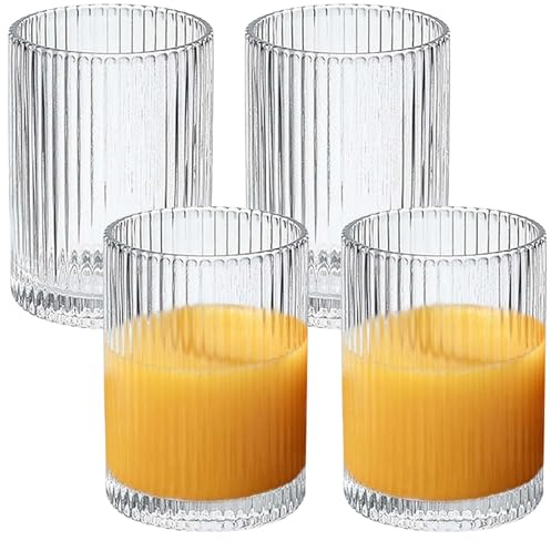 250ml Gläser Geriffelt 4er-Set, Premium Cocktailgläser & Trinkgläser, Tumbler Aus Kristallglas, Spülmaschinenfest, Geriffelte Gläser Für Eiskaffee, Bier,Wasser, Saft, Mojito, Für Familie, Party