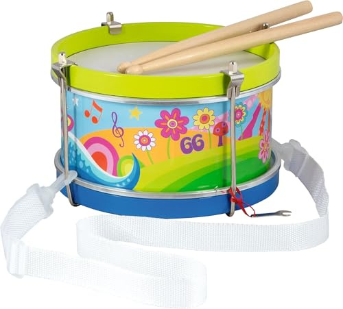 goki 61848 Trommel Blumenwiese – Kinder Trommel ab 3 Jahren mit Gurt & Holzstöcken, buntes Musikinstrument aus der goki66-Serie, 21,5 cm