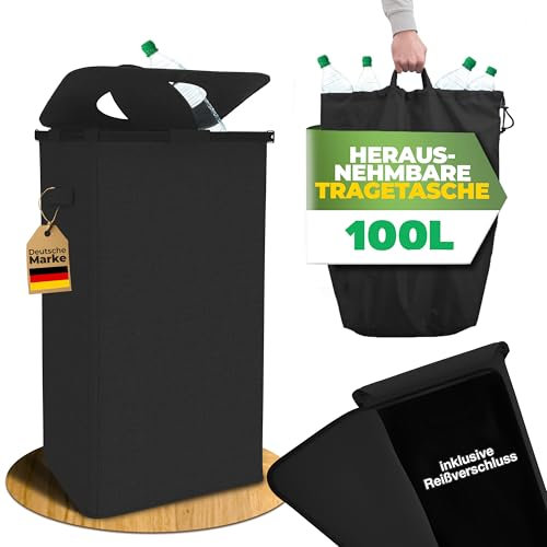 COTTARA® Pfandflaschen Sammelbehälter Metallrahmen mit Tragetasche, Reißverschluss und Drehdeckel am Pfandflaschen Behälter | Pfandbehälter Flaschensammler Leergut Sammelbehälter (Schwarz)