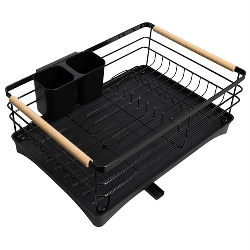 Navaris Dish Drainer Rack with Wooden Handle - Metal Draining Board with Drip Tray - Plate Drying Rack with Utensil Holder - Washing Up Drainers for Kitchen Sink - Black