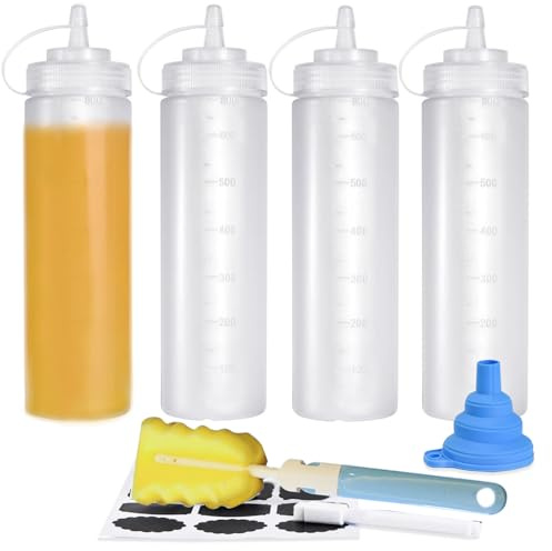 CafullCon 4 Stück 800ML QuetschFlasche, Breiter Mund Saucenflasche mit Schwamm Flaschenbürste und Trichter, Wiederverwendbar groß Kunststoff Squeeze Flaschen für Ketchup Condiment Pigment Saucen Malen