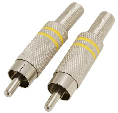 RCA Connectors (2 Pack) – Male RCA Plug Audio Video Cable Repair Connector, Nickel-Plated with Yellow Rings, DIY Speaker & Home Theater