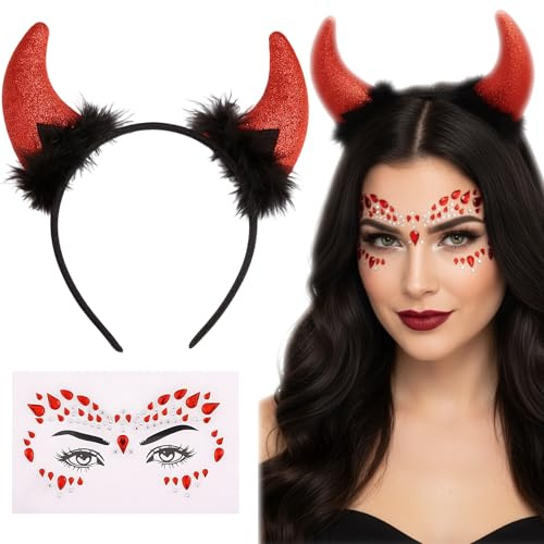 2-Teiliges Teufelshörner Haarreif Set für Damen, Roter Teufel Haarschmuck | mit selbstklebenden Strasssteinen, für Halloween, Kostümpartys und Cosplay, leichtes Stirnband, anpassbare Passform