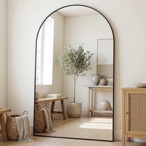 Antok 183x112cm Großer Ganzkörperspiegel, Gewölbter Standspiegel, Bruchsicheres Glas, Bodenspiegel für Wohnzimmer, Ankleide, Lehnende, Wandmontage, Sichere Verpackung, Schwarz