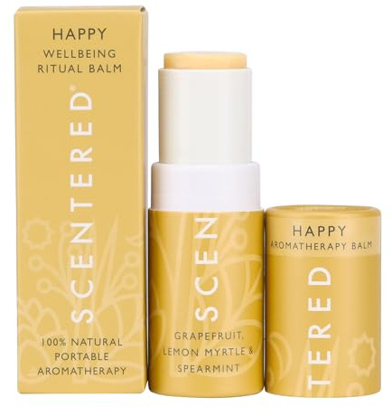 Scentered Aromatherapy Balm Stick - Happy - Mood Boost Roll On Essential Oils Blend for Positive Thinking - 100% Natural: Grapefruit, Cedarwood, Lemon Myrtle Essential Oil - Positive Gifts for Women