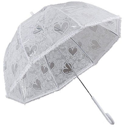 Damen Transparentschirm Kuppel-Förmigen klar Regen Regenschirm Automatik Öffnung Blase Romantische Golfschirm Prinzessin mit weißen Muster für Hochzeitsfeier