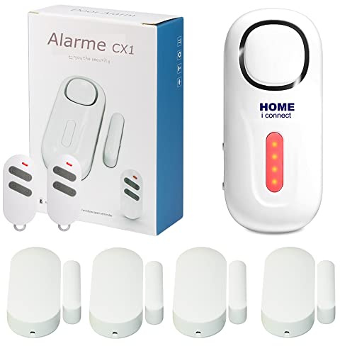 Alarme Maison - sans Fil - Porte et Fenêtre - avec 1 Sirène 120dB - 4 Détecteurs d'ouverture - 2 Tél - 8 Autocollants - Alarme Camping Car. Camera en Option