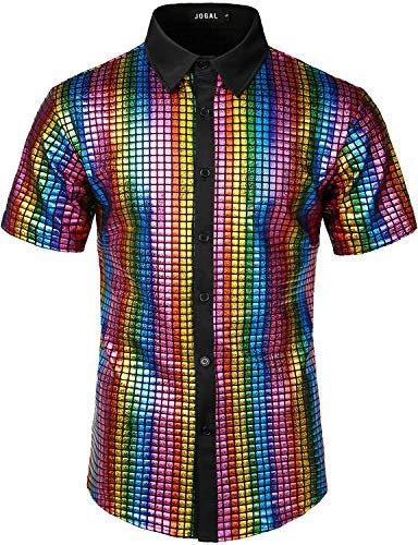 JOGAL Herren Pailletten Kleid Shirt 70er Disco Party Kustüm Small Mehrfarbig