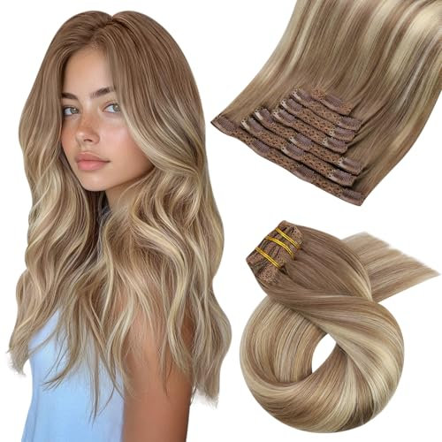 Moresoo Clip in Extensions Echthaar, Salon Qualität Weiches Glattes Haar 45 cm 7 Stück 120g Extensions Clip in #8/22/8 Braun bis Hellbraun mit Platinblond, Leicht zu Tragen Solide und Langlebig