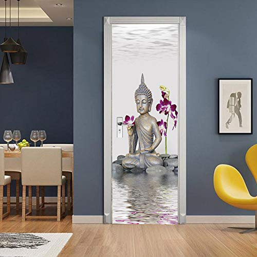 3D Mural puerta Fondo pantalla cristal poster paisaje armario Decoración Hogar Vinilo Pequeña estatua de Buda nfantiles Guardería Niños extraíble Sala Estar Espacio 77x200cm